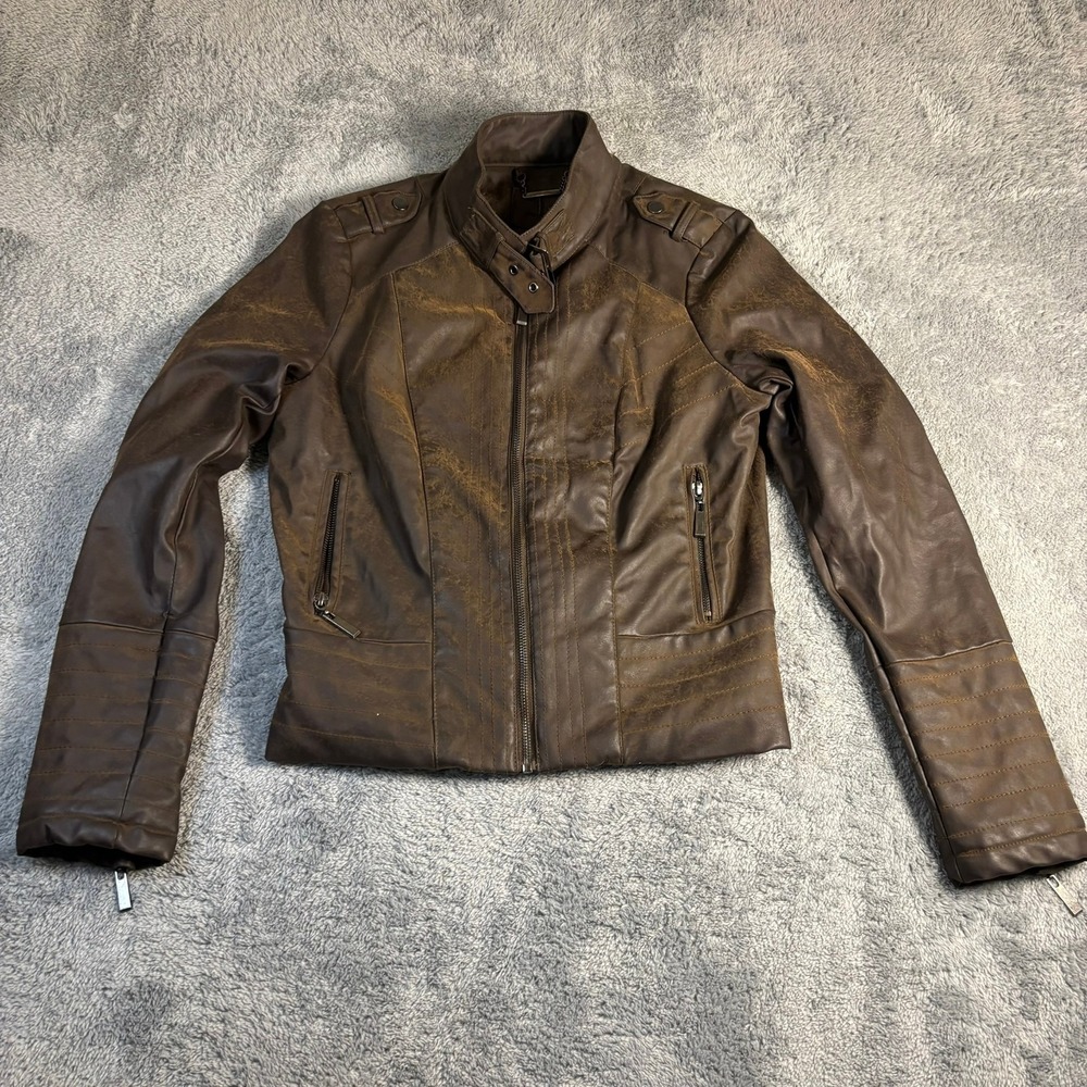 J2 Brown Distressed Faux Leather Moto Biker Jacket Womens Large Quilted Details